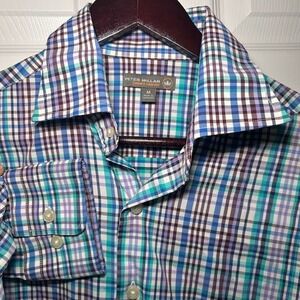Peter Millar Summer Comfort Men's Medium Plaid Button Down Shirt Blue Purple